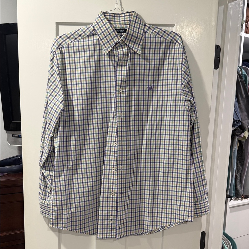 Southern Marsh Men's Plaid Dress Shirt in White, Blue, and Green